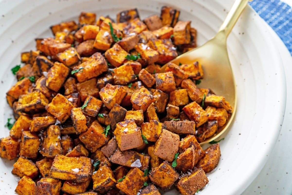 close up of roasted sweet potatoes