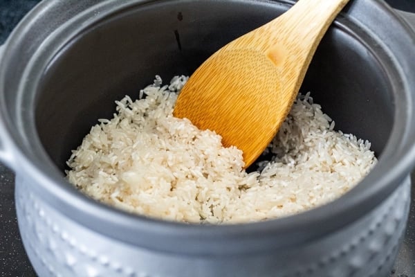 browning rice in a pot