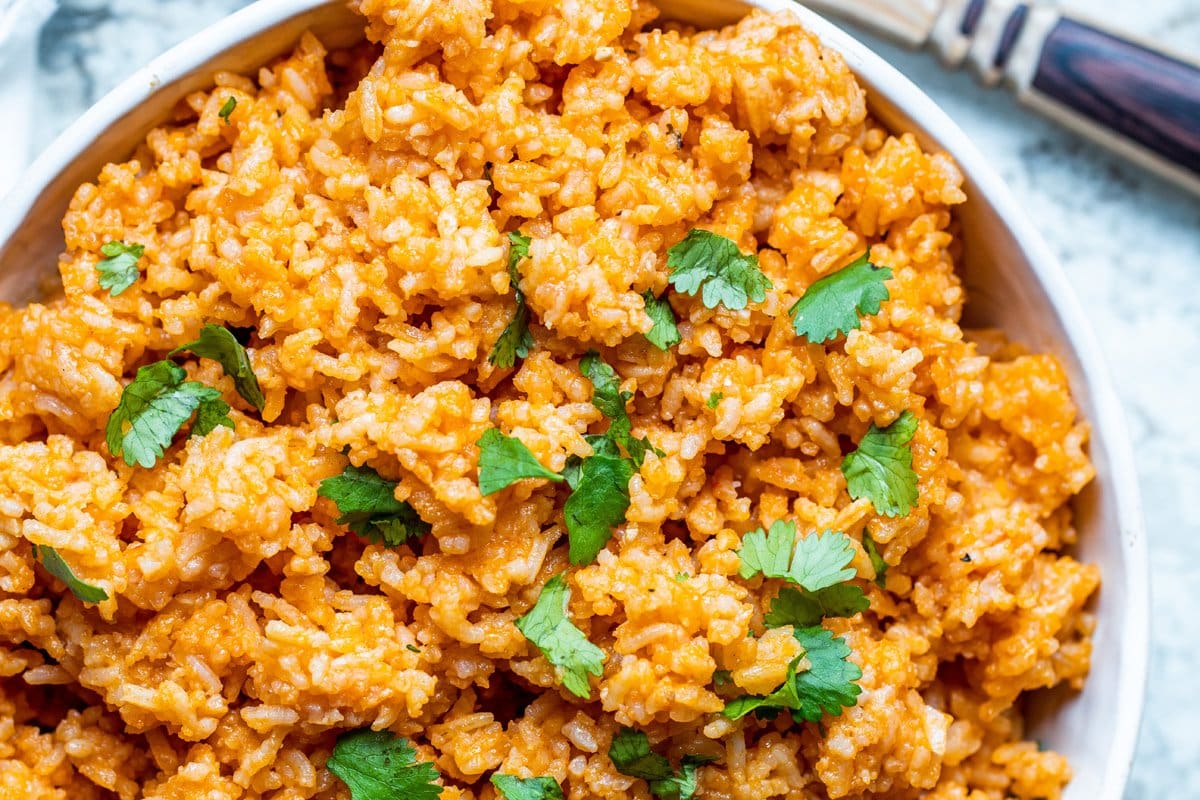 overhead close up of spanish rice with cilantro 