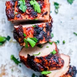overhead shot of sliced pork tenderloin