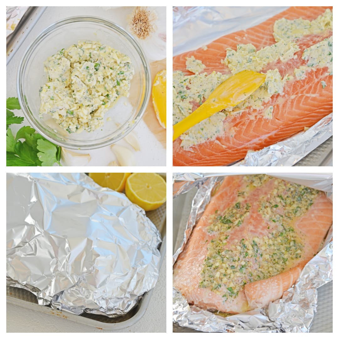 slathering salmon in butter - step by step images of how to bake salmon in aluminum foil  