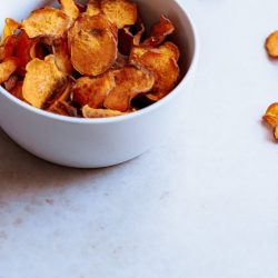 sweet potato chips in a blue bowl