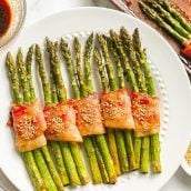 overhead of bacon wrapped asparagus