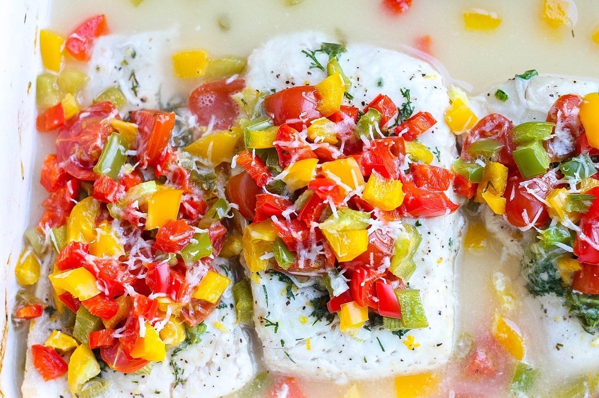 close up of cooked baked halibut 