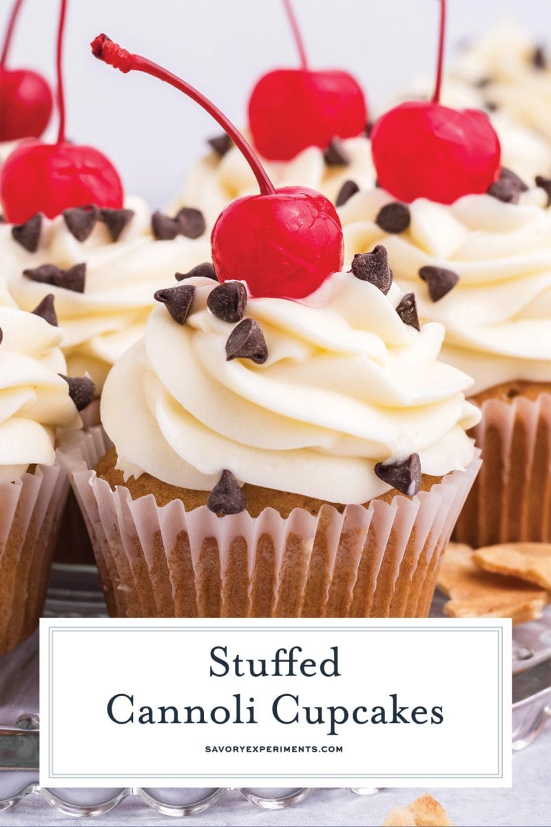close up of recipe for cannoli cupcake with cream cheese frosting for pinterest 
