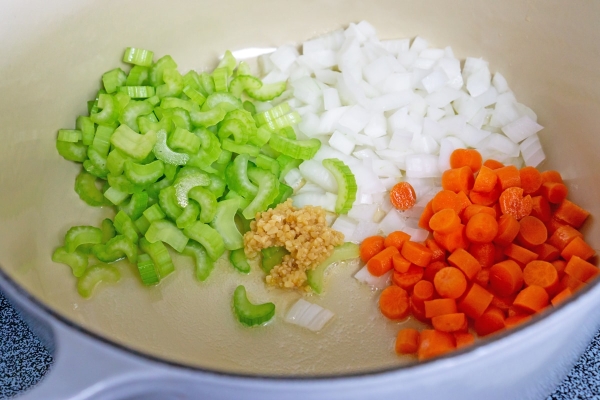 combing celery, onion, garlic and garlic in a dutch oven