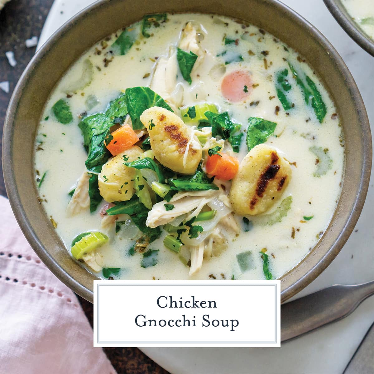 overhead close up of chicken gnocchi soup in a brown bowl