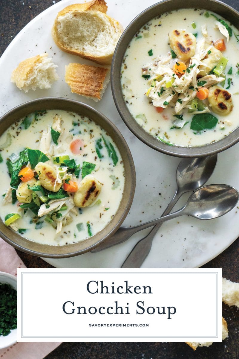 bowls of creamy gnocchi soup for pinterest 