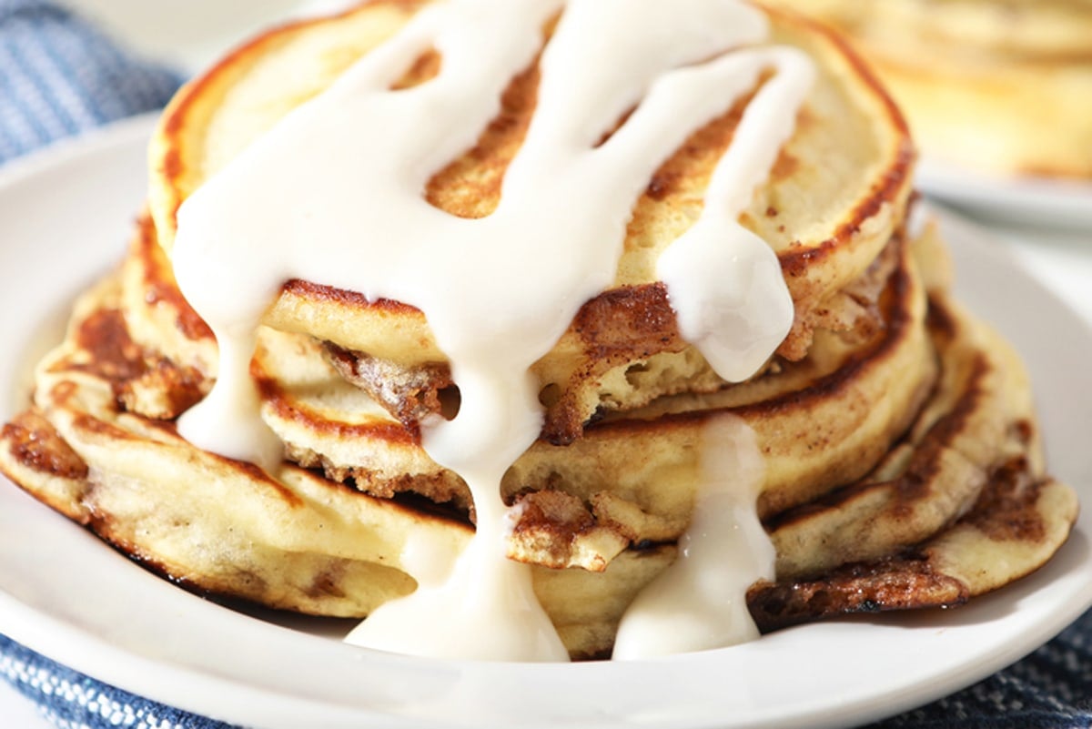 close up of cinnamon roll pancakes 