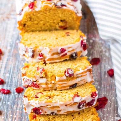 angled shot of sliced cranberry sweet potato bread