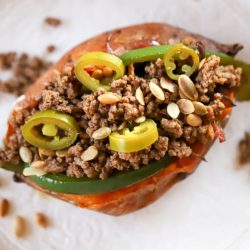 overhead shot of stuffed sweet potato