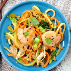 overhead shot of vegetable noodle chow mein