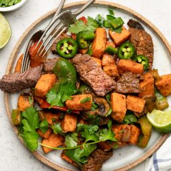 Overhead shot of steak and sweet potato skillet