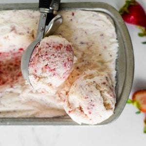 close up of scooped strawberry ice cream