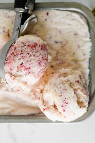 close up of scooped strawberry ice cream