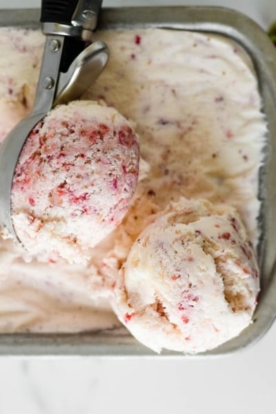 close up of scooped homemade strawberry ice cream