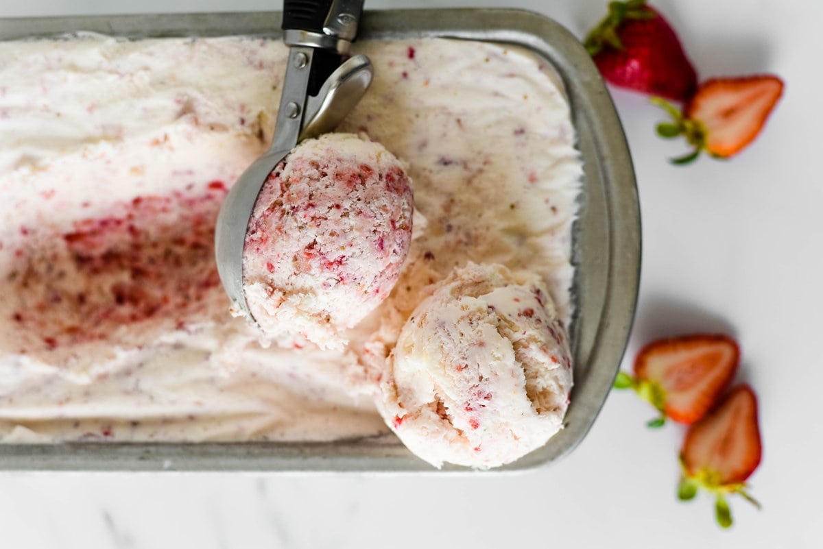 close up scoop of fresh strawberry ice cream 