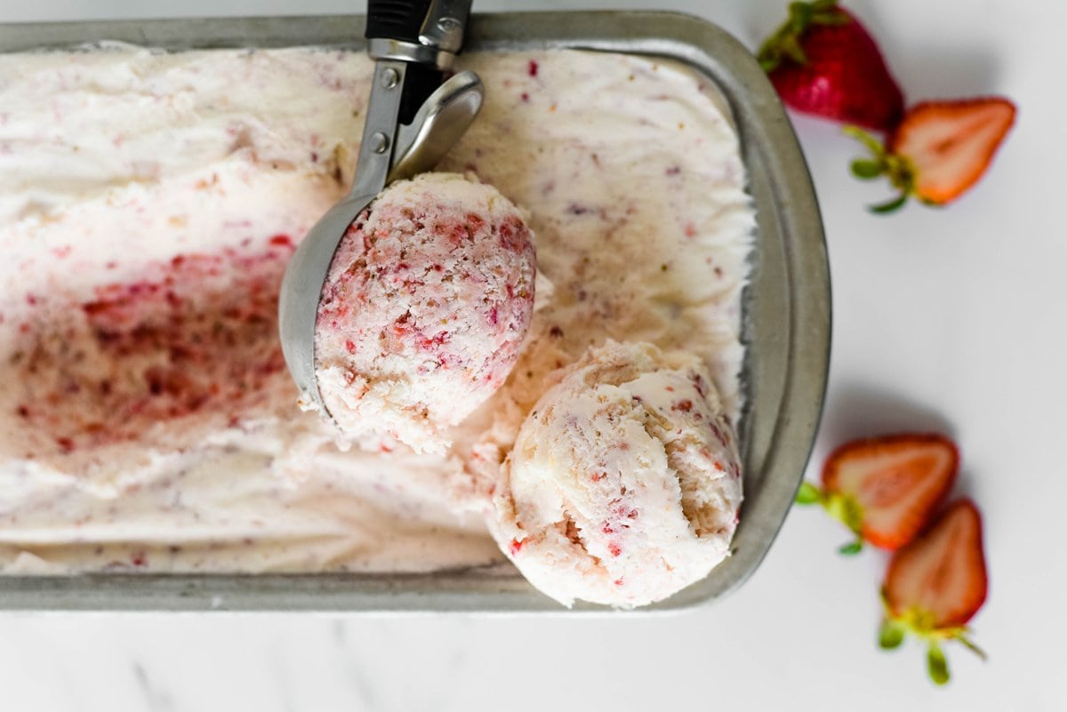 close up of scooped strawberry ice cream