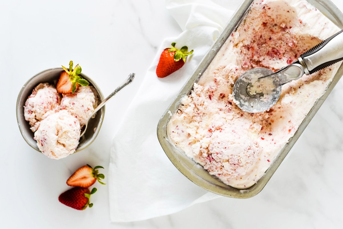 homemade strawberry ice cream with fresh strawberries 