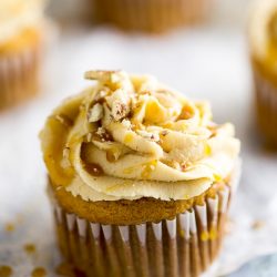 close up of sweet potato pecan cupcakes