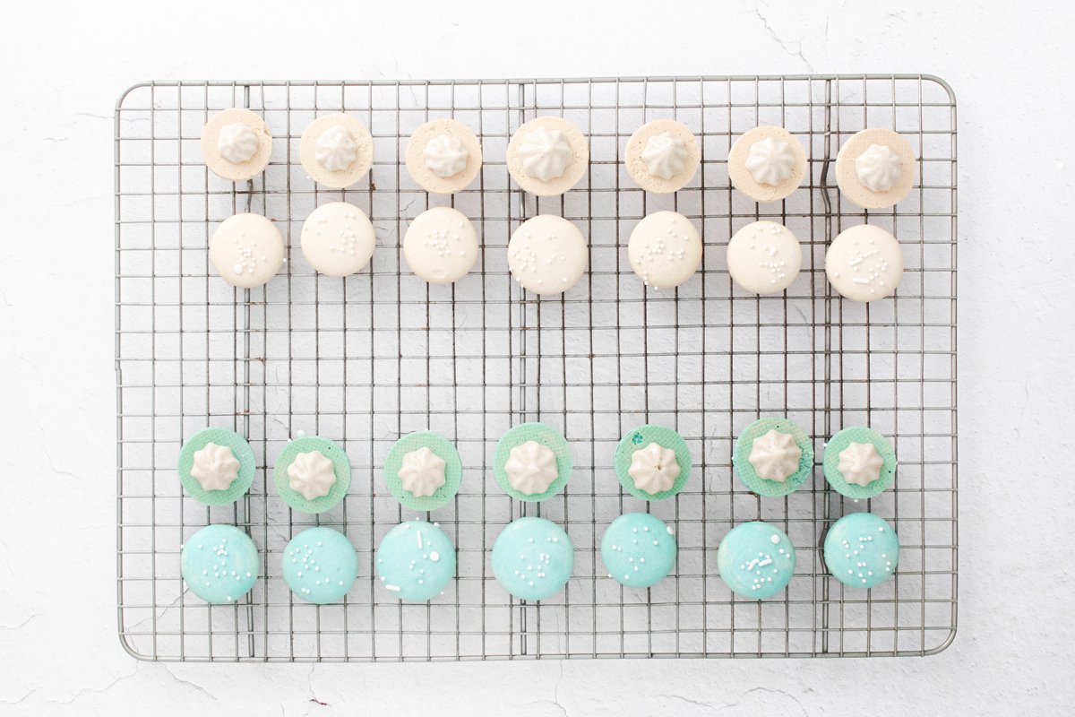 macaron shells being filled 