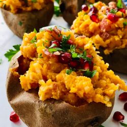 Close up of apple stuffed sweet potatoes