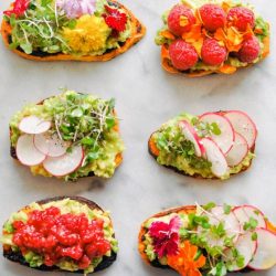 overhead shot of avocado sweet potato toasts