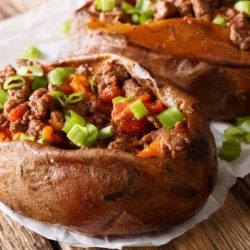 close up of sloppy joe stuffed sweet potatoes