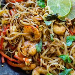 overhead shot of asian shrimp noodles