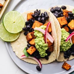 Overhead shot of sweet potato tacos on a plate