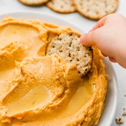 cracker dipped into sweet potato hummus