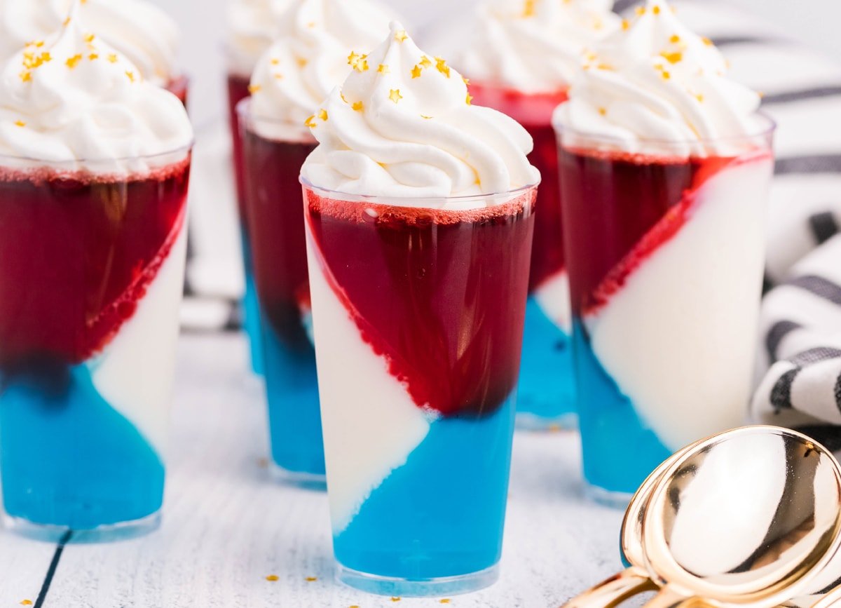 side view of red, white and blue jello shots 