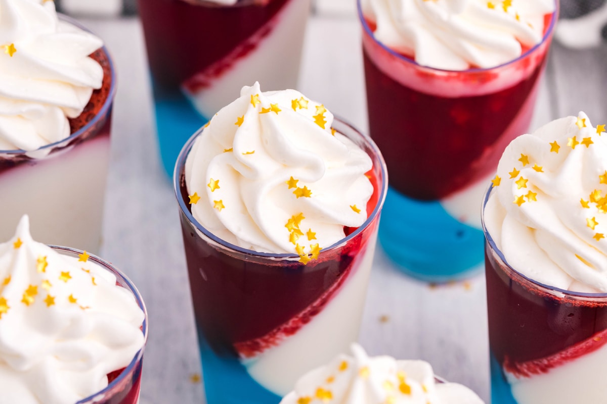 angle red, white and blue dessert cups 