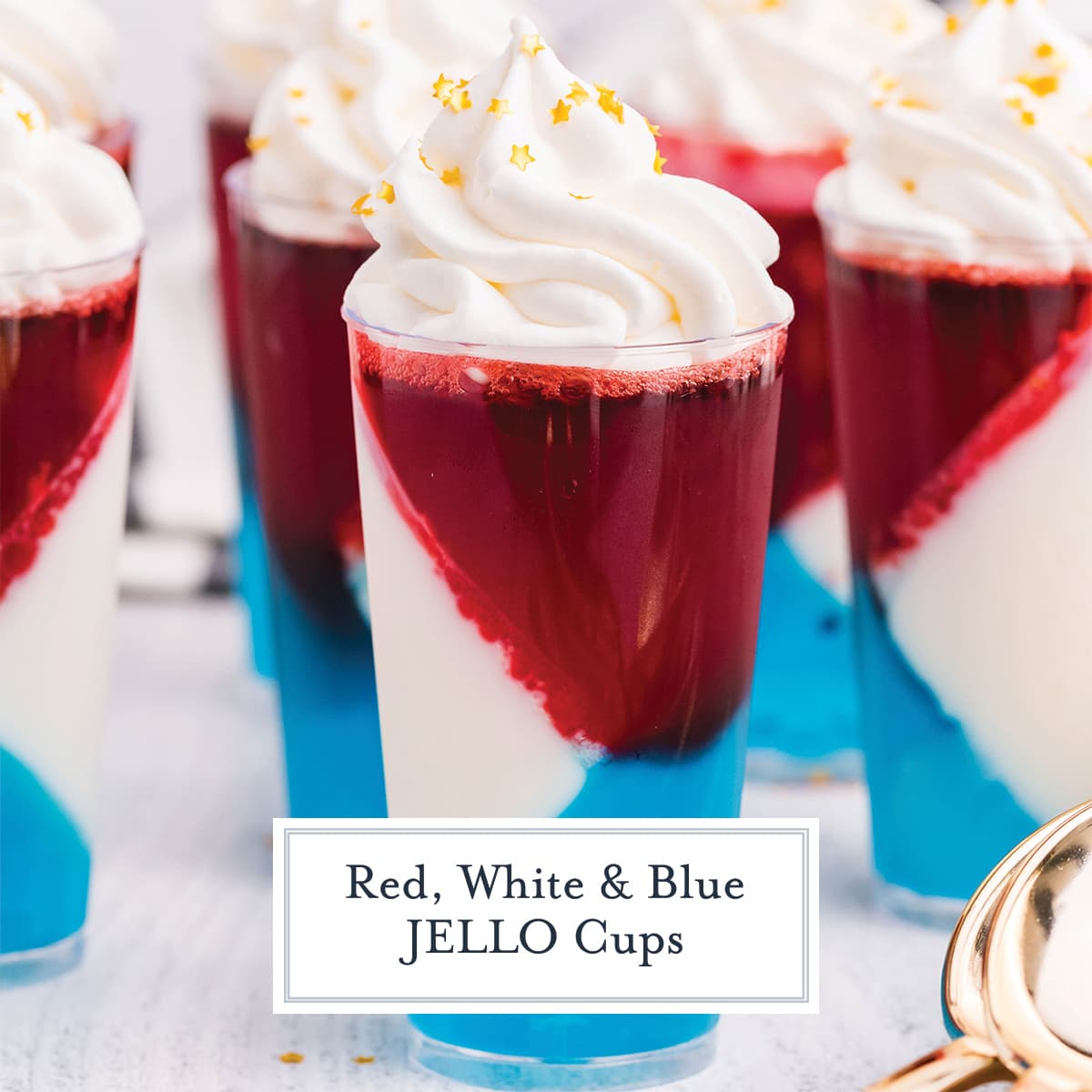 close up of patriotic jello cups with gold stars 