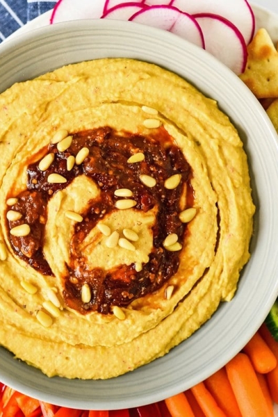 spicy hummus overhead with veggies