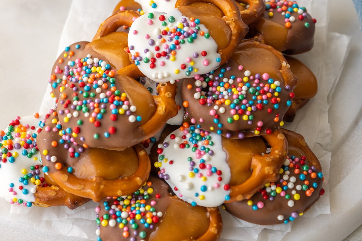 close up of caramel pretzels  