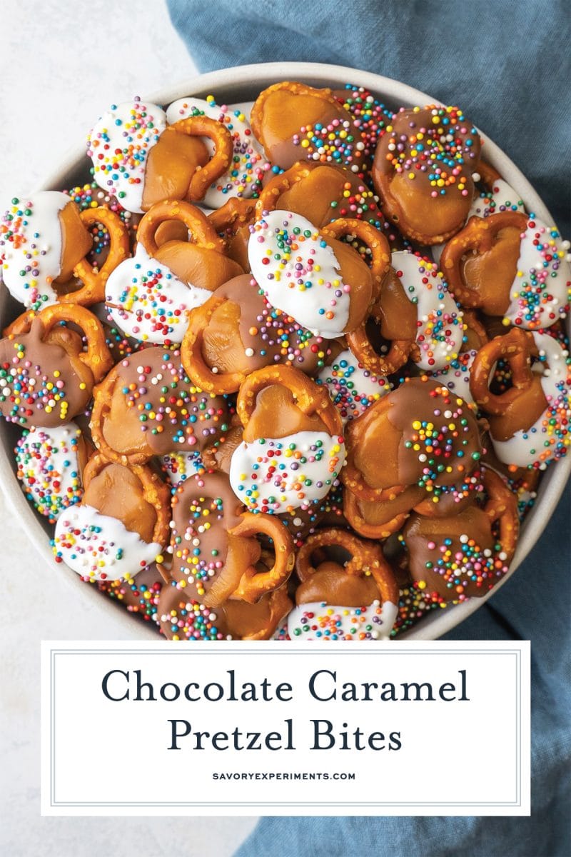 overhead bowl of chocolate covered pretzels in a bowl 