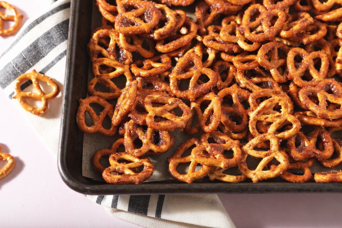 cinnamon sugar pretzels on a baking sheet 