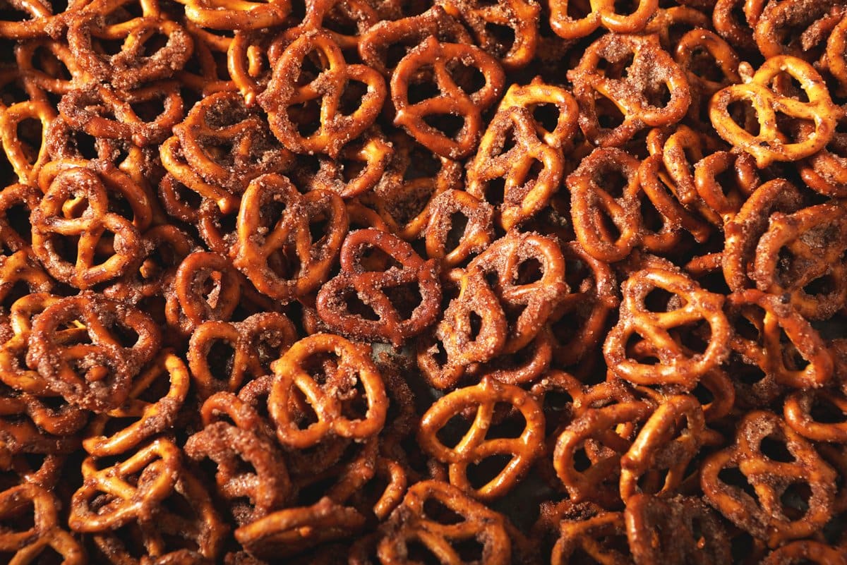 cinnamon sugar coated pretzel snack on in a bowl 