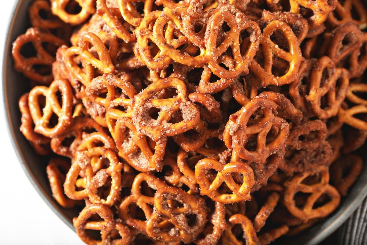 close up of cinnamon sugar pretzels  