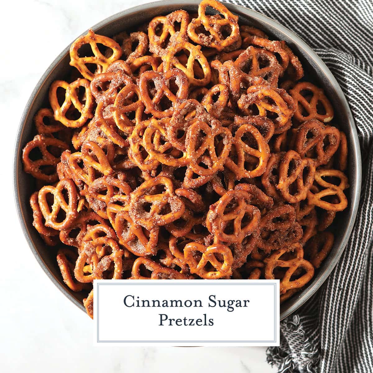 overhead of cinnamon sugar pretzels in a bowl 