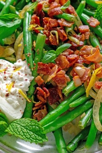 green beans with bacon, burrata and fresh herbs
