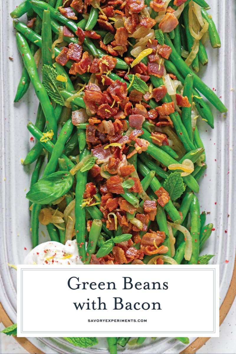 close up of green beans with bacon 