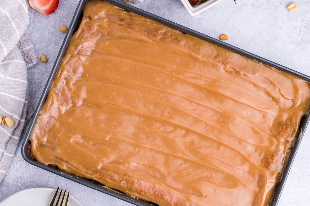 overhead of peanut butter sheet cake with marshmallow frosting 