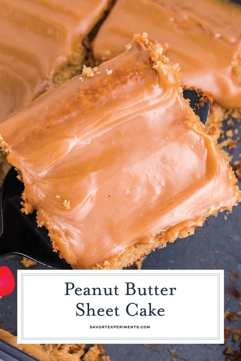 close up slice of peanut butter cake with hot frosting 