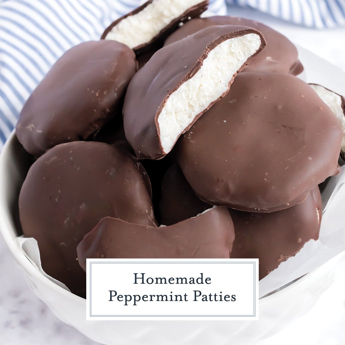 close up of peppermint patties in a bowl, one broken open