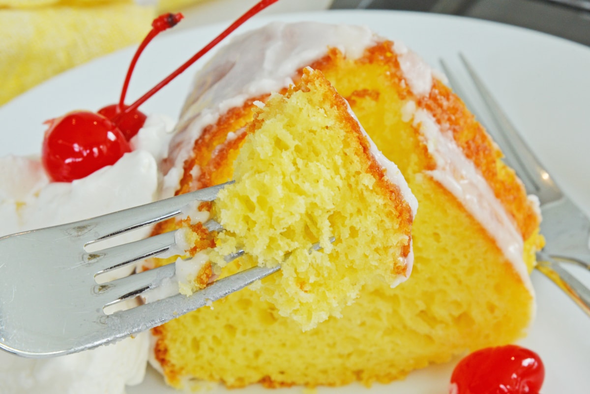 fork with a bite of shirley temple bundt cake 