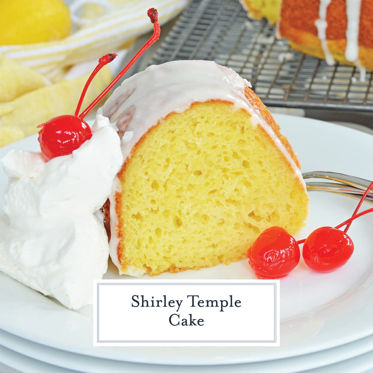 close up of bundt cake slice with glaze and cherries with text overlay for facebook