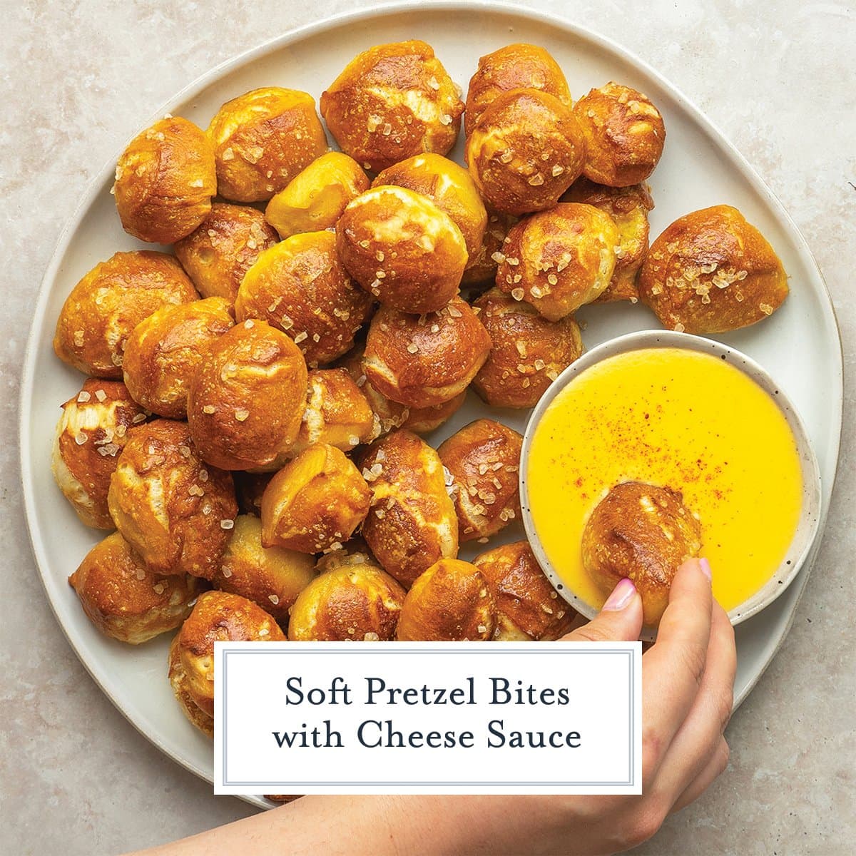 plate of pretzel nuggets with cheese dip