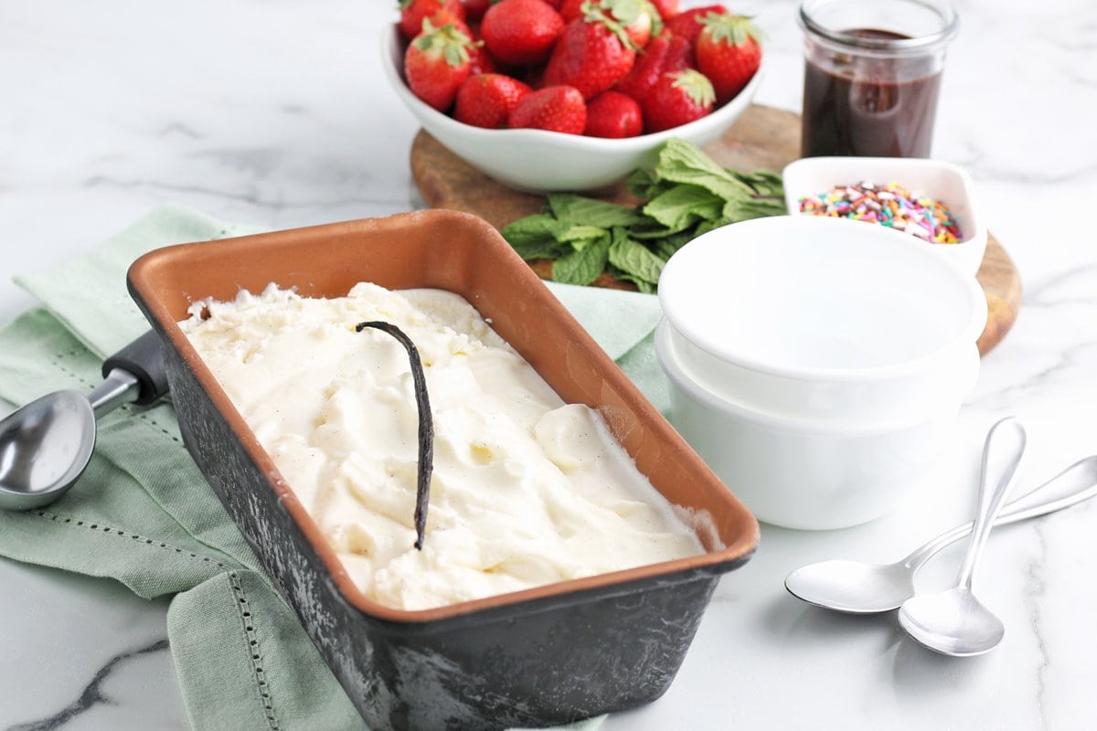 Vanilla ice cream in a loaf pan with topping ideas 